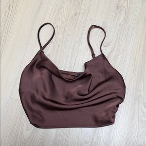 Brown Satin Cowl Neck Crop Top